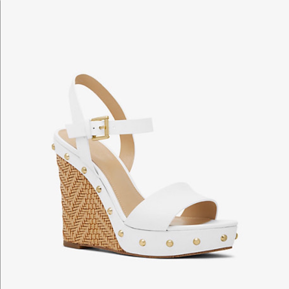 Michael Kors Ellen Wedge White Leather Gold Studded Wedges - Worn once!